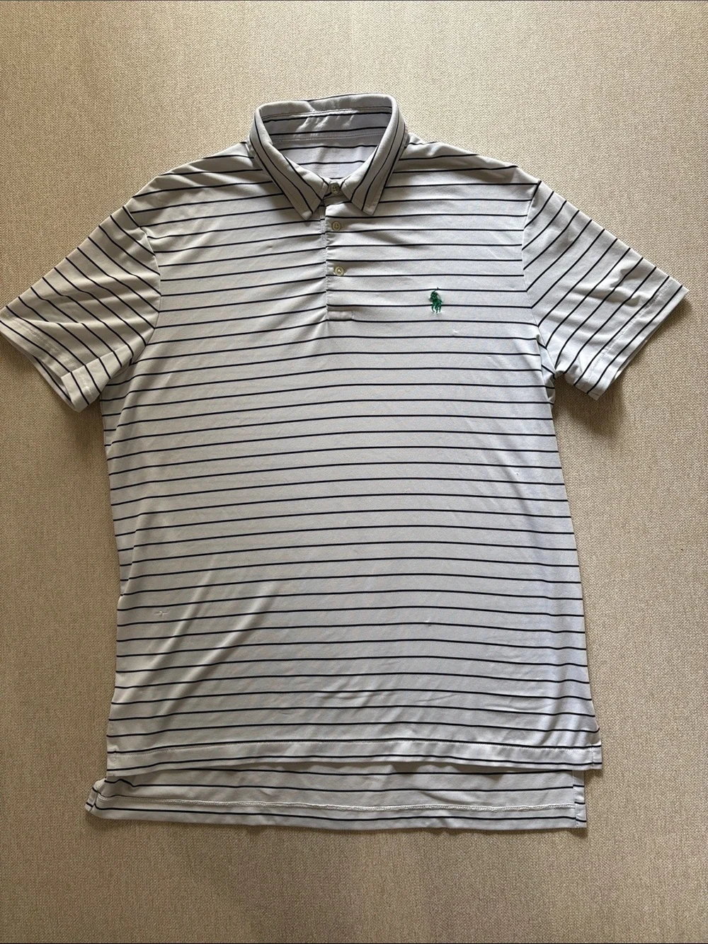 Polo-  White Striped Men's Golf Polo with Green Logo